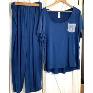Avon Silky Jersey Pajamas Womans 1X/1T Lace Trim Blue Y2K 90s